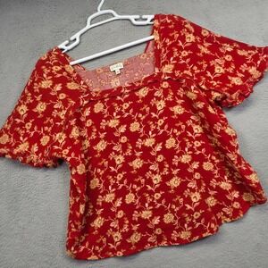 Wonderly Top Women Plus Size 2XL Red Floral Boho Ruffle Flowy Gauzy Crinkle Chic